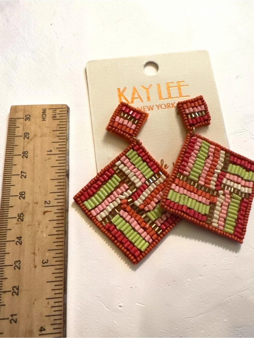 Kaylee New York Pink & Green Beaded Square Drop Earrings